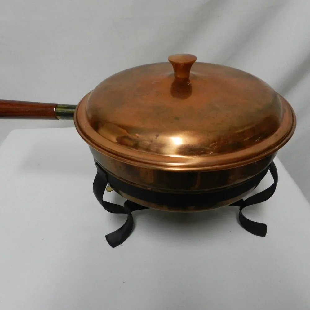 Old Dutch Design Brass Copper Chafing Dish Teak Wood Handle Vintage Mid Century